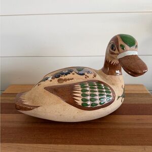 Vintage Mexican Tonala Pottery Duck Figurine Hand Painted Signed